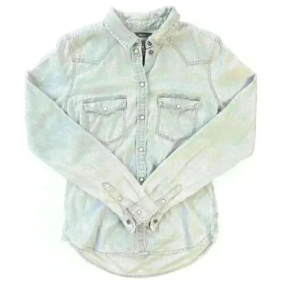 American Eagle Womens Pearl Snap Western Slim Fit Denim Button Up Sz XXS - Picture 1 of 8